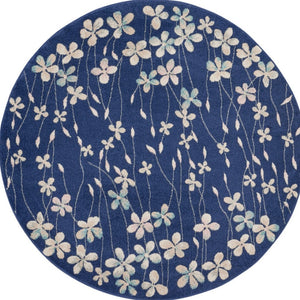 Homeroots 5' Navy Blue And Ivory Floral Round Rug - Durable, Stain Resistant, Perfect For Homes With Kids & Pets!  Polypropylene 552380