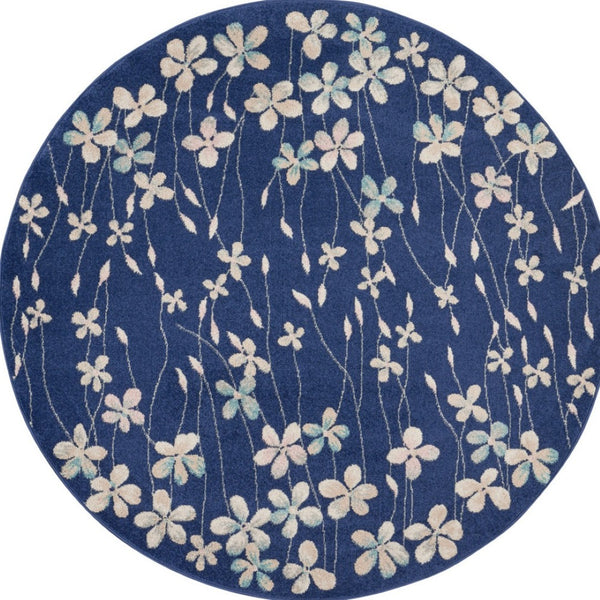 Homeroots 5' Navy Blue And Ivory Floral Round Rug - Durable, Stain Resistant, Perfect For Homes With Kids & Pets!  Polypropylene 552380