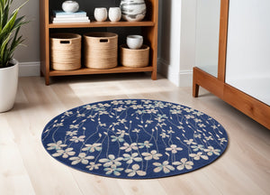 Homeroots 5' Navy Blue And Ivory Floral Round Rug - Durable, Stain Resistant, Perfect For Homes With Kids & Pets!  Polypropylene 552380
