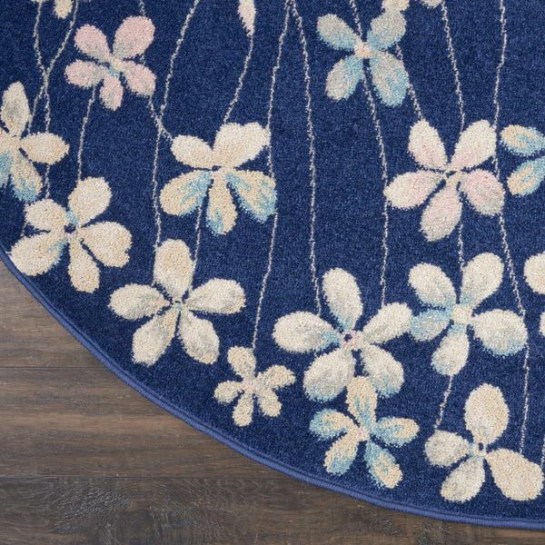 Homeroots 5' Navy Blue And Ivory Floral Round Rug - Durable, Stain Resistant, Perfect For Homes With Kids & Pets!  Polypropylene 552380