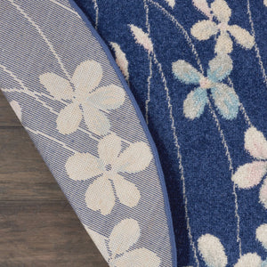 Homeroots 5' Navy Blue And Ivory Floral Round Rug - Durable, Stain Resistant, Perfect For Homes With Kids & Pets!  Polypropylene 552380