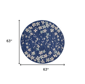 Homeroots 5' Navy Blue And Ivory Floral Round Rug - Durable, Stain Resistant, Perfect For Homes With Kids & Pets!  Polypropylene 552380