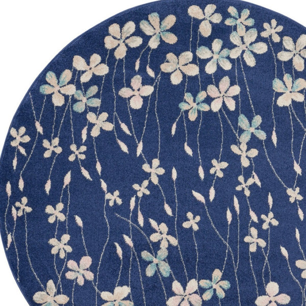 Homeroots 5' Navy Blue And Ivory Floral Round Rug - Durable, Stain Resistant, Perfect For Homes With Kids & Pets!  Polypropylene 552380