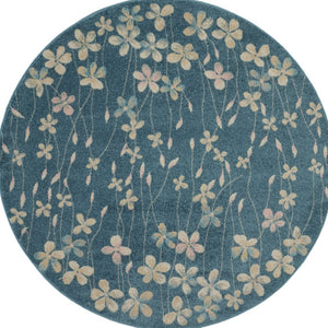 Homeroots 5' Turquoise And Cream Botanical Leaves Round Rug – Durable, Stain Resistant, Stylish Home Accent!  Polypropylene 552381