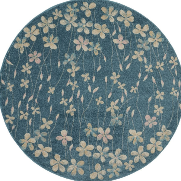 Homeroots 5' Turquoise And Cream Botanical Leaves Round Rug – Durable, Stain Resistant, Stylish Home Accent!  Polypropylene 552381