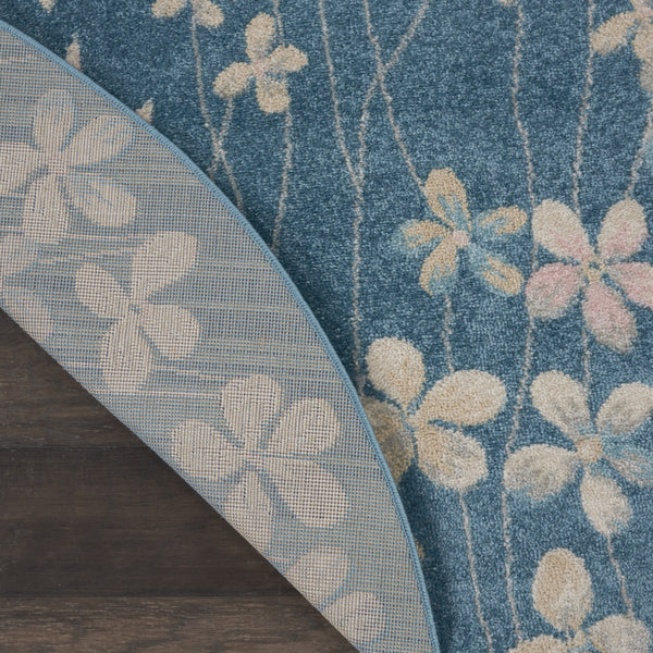 Homeroots 5' Turquoise And Cream Botanical Leaves Round Rug – Durable, Stain Resistant, Stylish Home Accent!  Polypropylene 552381