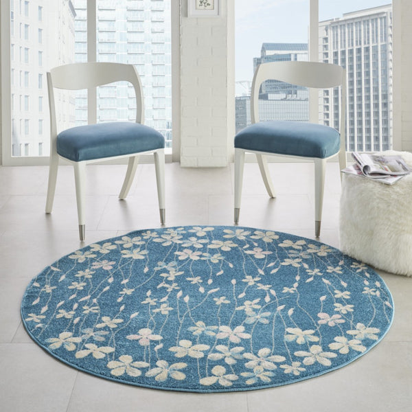 Homeroots 5' Turquoise And Cream Botanical Leaves Round Rug – Durable, Stain Resistant, Stylish Home Accent!  Polypropylene 552381