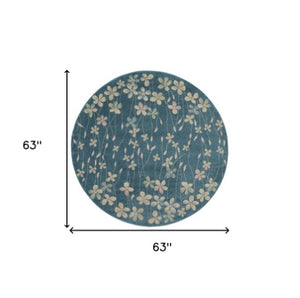 Homeroots 5' Turquoise And Cream Botanical Leaves Round Rug – Durable, Stain Resistant, Stylish Home Accent!  Polypropylene 552381