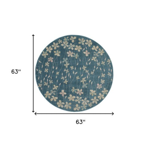 Homeroots 5' Turquoise And Cream Botanical Leaves Round Rug – Durable, Stain Resistant, Stylish Home Accent!  Polypropylene 552381