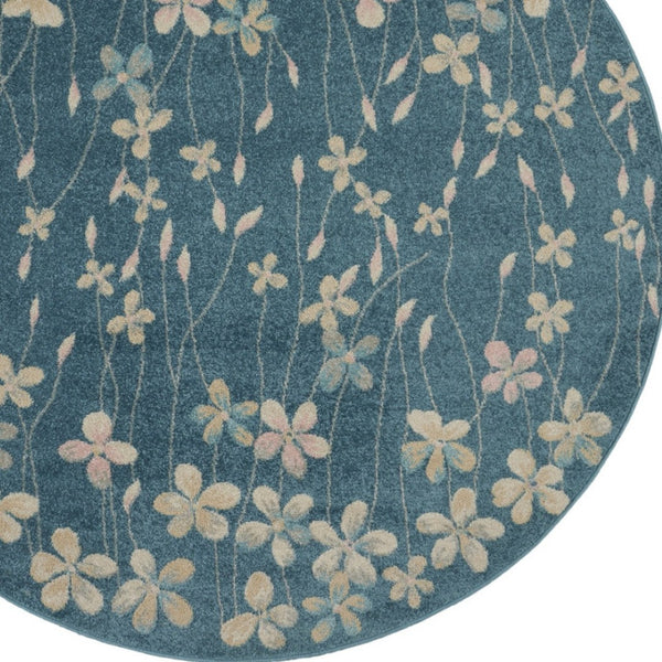 Homeroots 5' Turquoise And Cream Botanical Leaves Round Rug – Durable, Stain Resistant, Stylish Home Accent!  Polypropylene 552381
