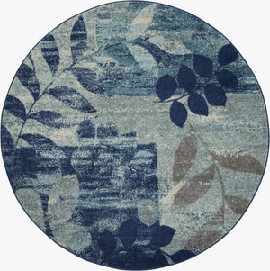 Homeroots 5' Round Botanical Leaves Rug In Navy Blue & Gray – Stain Resistant, Durable, Stylish Home Accent  Polypropylene 552382