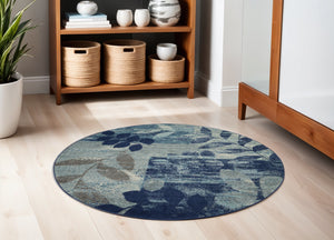 Homeroots 5' Round Botanical Leaves Rug In Navy Blue & Gray – Stain Resistant, Durable, Stylish Home Accent  Polypropylene 552382