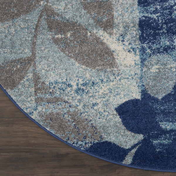 Homeroots 5' Round Botanical Leaves Rug In Navy Blue & Gray – Stain Resistant, Durable, Stylish Home Accent  Polypropylene 552382