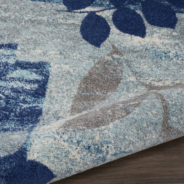 Homeroots 5' Round Botanical Leaves Rug In Navy Blue & Gray – Stain Resistant, Durable, Stylish Home Accent  Polypropylene 552382