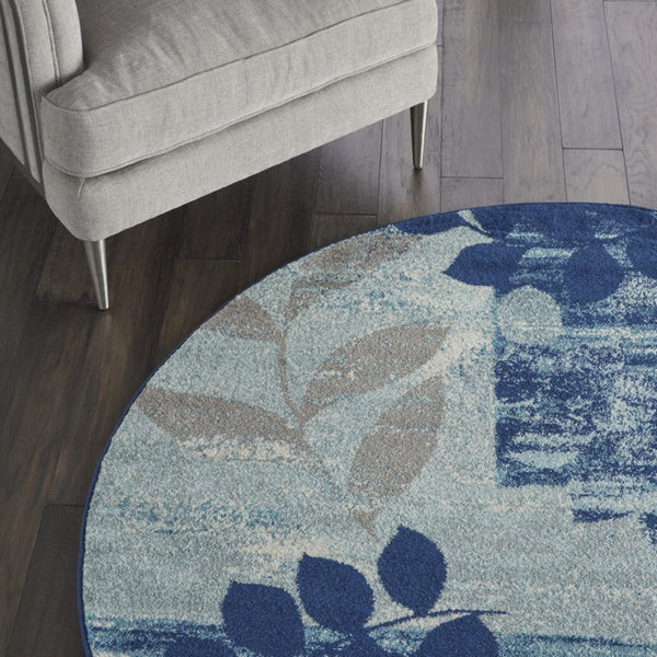 Homeroots 5' Round Botanical Leaves Rug In Navy Blue & Gray – Stain Resistant, Durable, Stylish Home Accent  Polypropylene 552382