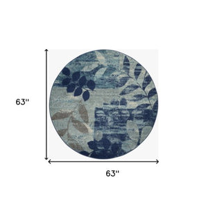 Homeroots 5' Round Botanical Leaves Rug In Navy Blue & Gray – Stain Resistant, Durable, Stylish Home Accent  Polypropylene 552382