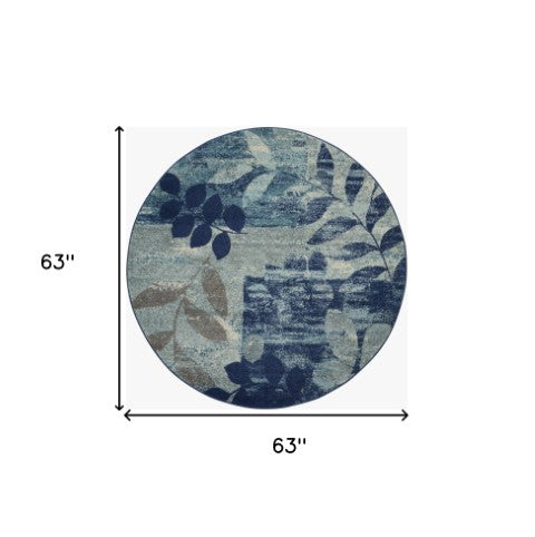 Homeroots 5' Round Botanical Leaves Rug In Navy Blue & Gray – Stain Resistant, Durable, Stylish Home Accent  Polypropylene 552382