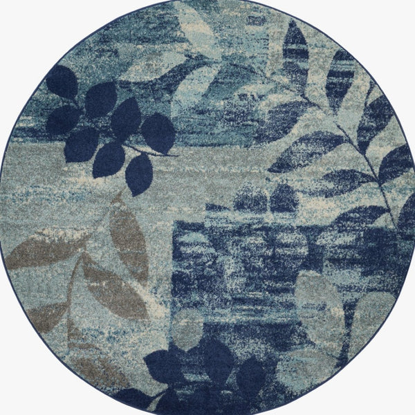 Homeroots 5' Round Botanical Leaves Rug In Navy Blue & Gray – Stain Resistant, Durable, Stylish Home Accent  Polypropylene 552382