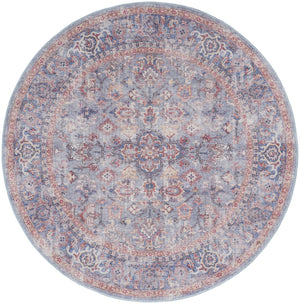 Homeroots 5' Blue And Purple Round Floral Power Loom Distressed Area Rug  Cotton Blend 552384