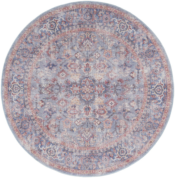 Homeroots 5' Blue And Purple Round Floral Power Loom Distressed Area Rug  Cotton Blend 552384