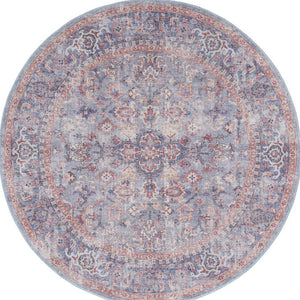 Homeroots 5' Blue And Purple Round Floral Power Loom Distressed Area Rug  Cotton Blend 552384