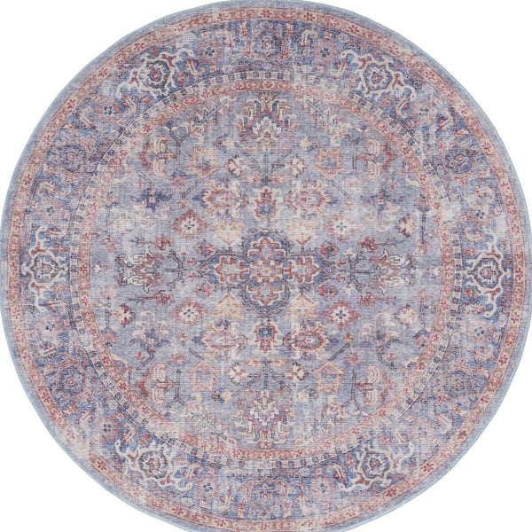 Homeroots 5' Blue And Purple Round Floral Power Loom Distressed Area Rug  Cotton Blend 552384