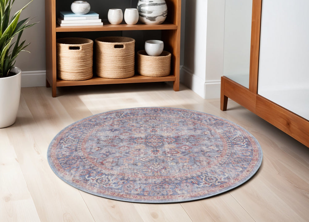 Homeroots 5' Blue And Purple Round Floral Power Loom Distressed Area Rug  Cotton Blend 552384