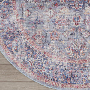 Homeroots 5' Blue And Purple Round Floral Power Loom Distressed Area Rug  Cotton Blend 552384