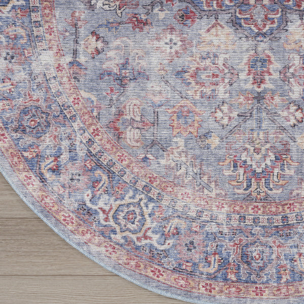 Homeroots 5' Blue And Purple Round Floral Power Loom Distressed Area Rug  Cotton Blend 552384