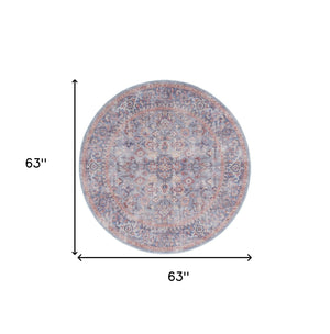 Homeroots 5' Blue And Purple Round Floral Power Loom Distressed Area Rug  Cotton Blend 552384
