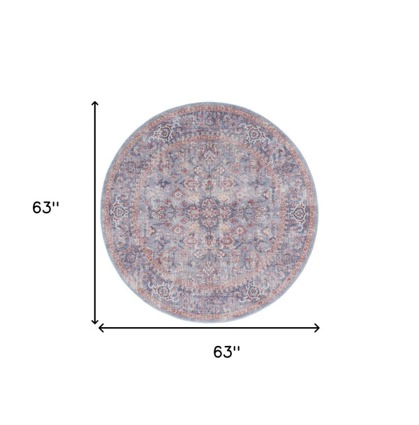 Homeroots 5' Blue And Purple Round Floral Power Loom Distressed Area Rug  Cotton Blend 552384