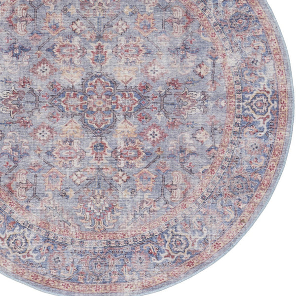 Homeroots 5' Blue And Purple Round Floral Power Loom Distressed Area Rug  Cotton Blend 552384