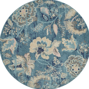 Homeroots 5' Turquoise Cream & Navy Floral Distressed Round Rug - Durable, Stain-resistant, Stylish Decor Piece  Polypropylene 552385