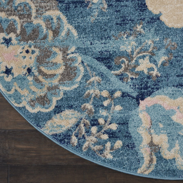 Homeroots 5' Turquoise Cream & Navy Floral Distressed Round Rug - Durable, Stain-resistant, Stylish Decor Piece  Polypropylene 552385