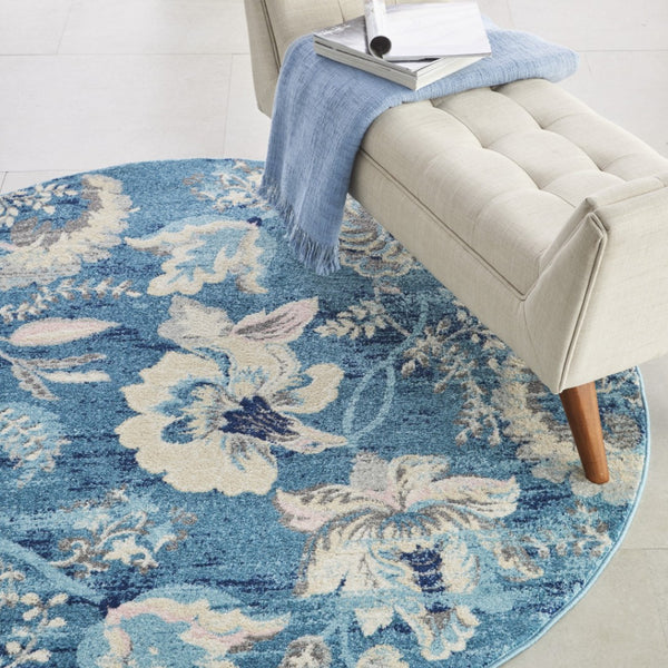 Homeroots 5' Turquoise Cream & Navy Floral Distressed Round Rug - Durable, Stain-resistant, Stylish Decor Piece  Polypropylene 552385