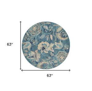 Homeroots 5' Turquoise Cream & Navy Floral Distressed Round Rug - Durable, Stain-resistant, Stylish Decor Piece  Polypropylene 552385