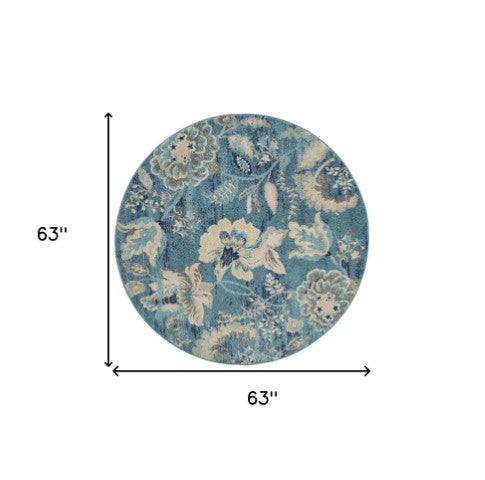 Homeroots 5' Turquoise Cream & Navy Floral Distressed Round Rug - Durable, Stain-resistant, Stylish Decor Piece  Polypropylene 552385