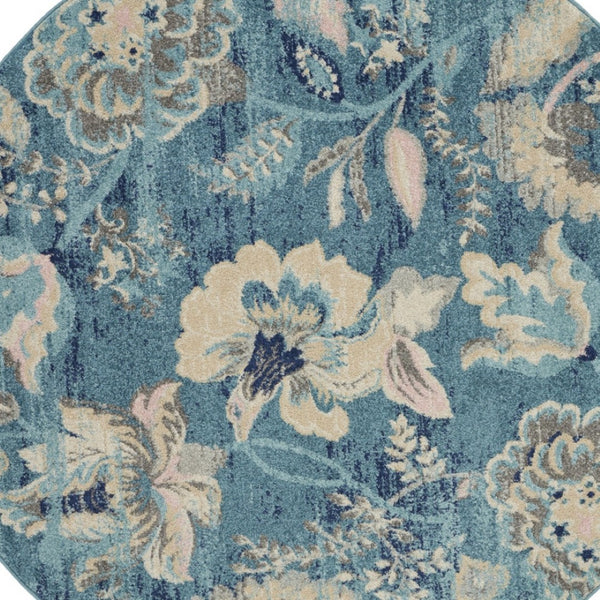 Homeroots 5' Turquoise Cream & Navy Floral Distressed Round Rug - Durable, Stain-resistant, Stylish Decor Piece  Polypropylene 552385