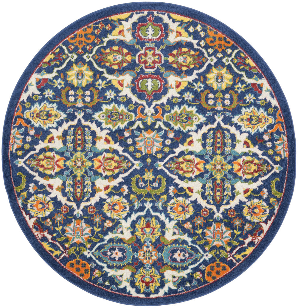Homeroots 5' Blue Round Floral Power Loom Area Rug  Polypropylene 552388