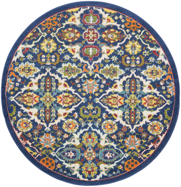 Homeroots 5' Blue Round Floral Power Loom Area Rug  Polypropylene 552388