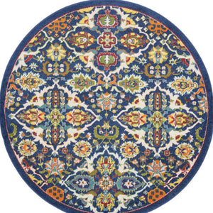 Homeroots 5' Blue Round Floral Power Loom Area Rug  Polypropylene 552388