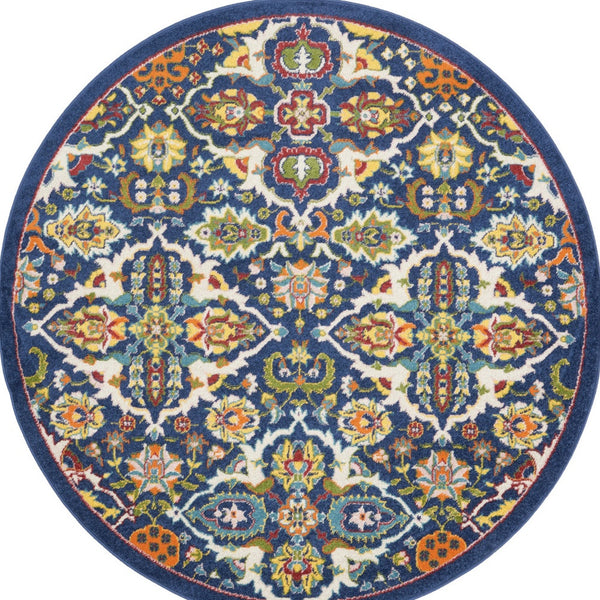 Homeroots 5' Blue Round Floral Power Loom Area Rug  Polypropylene 552388