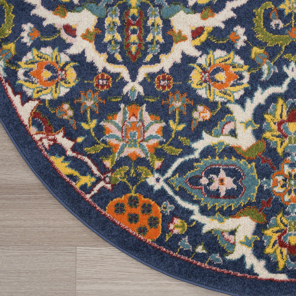 Homeroots 5' Blue Round Floral Power Loom Area Rug  Polypropylene 552388