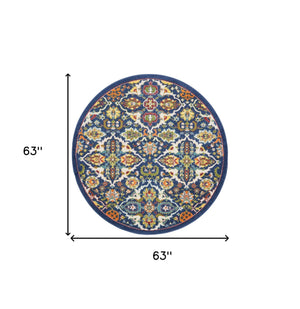 Homeroots 5' Blue Round Floral Power Loom Area Rug  Polypropylene 552388