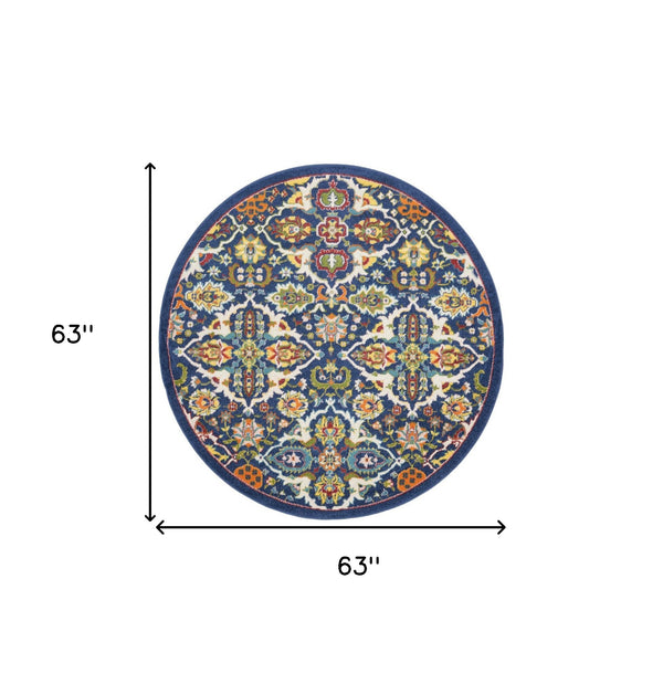 Homeroots 5' Blue Round Floral Power Loom Area Rug  Polypropylene 552388