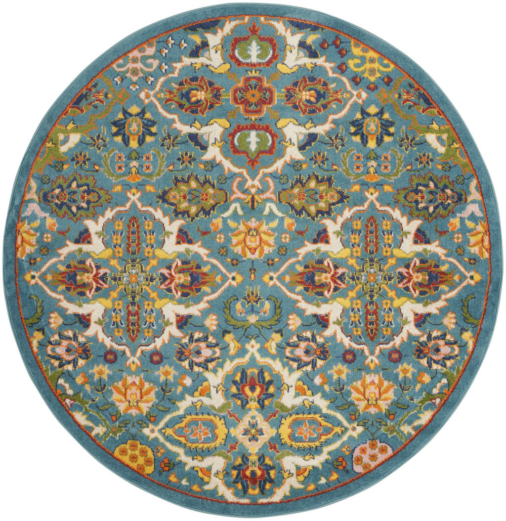 Homeroots 5' Teal And Ivory Round Floral Power Loom Area Rug  Polypropylene 552389