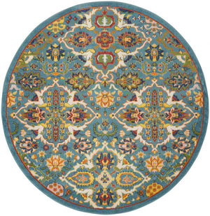 Homeroots 5' Teal And Ivory Round Floral Power Loom Area Rug  Polypropylene 552389