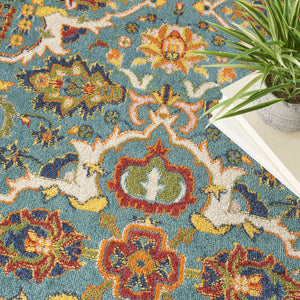 Homeroots 5' Teal And Ivory Round Floral Power Loom Area Rug  Polypropylene 552389