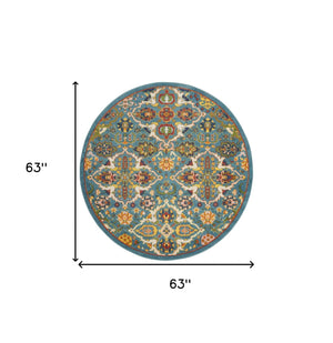 Homeroots 5' Teal And Ivory Round Floral Power Loom Area Rug  Polypropylene 552389