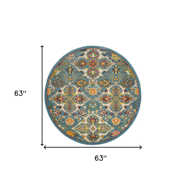 Homeroots 5' Teal And Ivory Round Floral Power Loom Area Rug  Polypropylene 552389